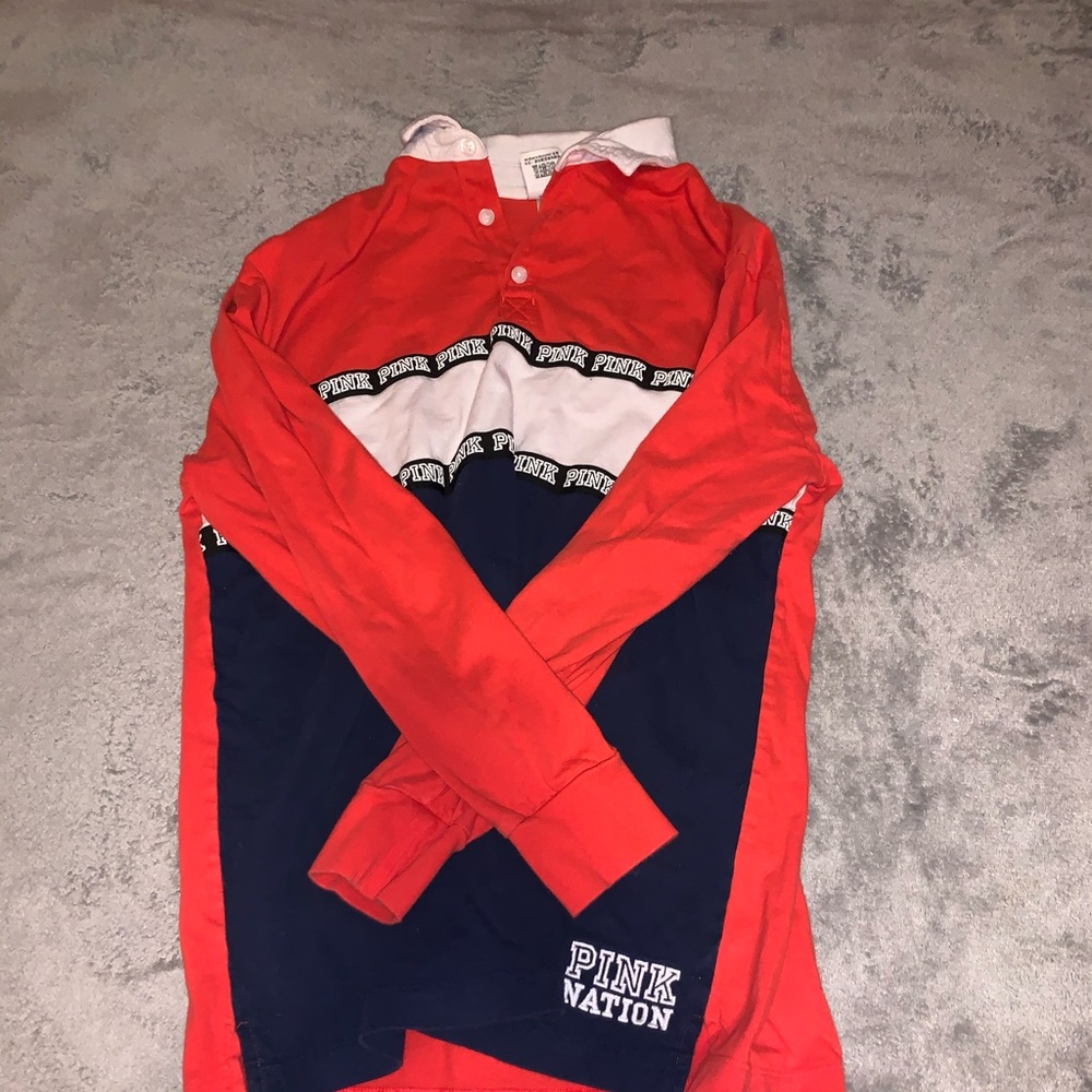 PINK red and blue button up long sleeve shirt